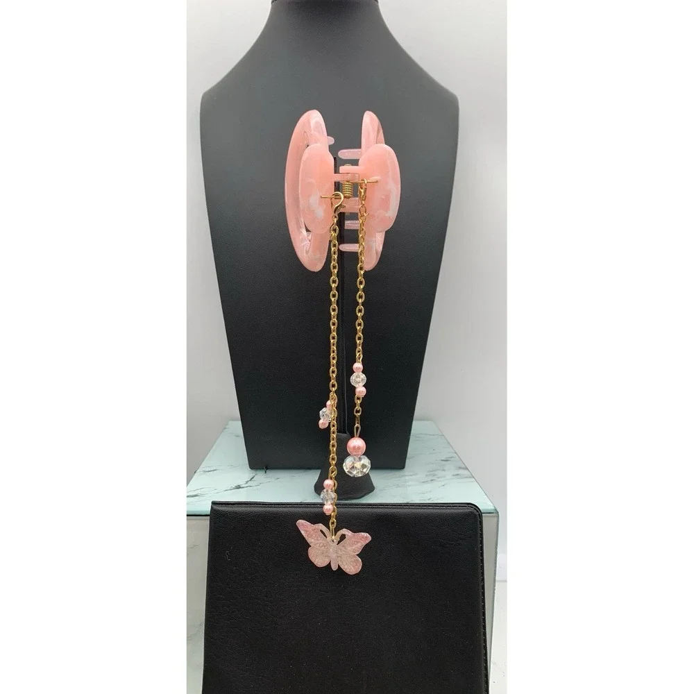 Pink Claw Hair Clip With Chains Jewels Butterfly Dainty Cottagecore Fairycore